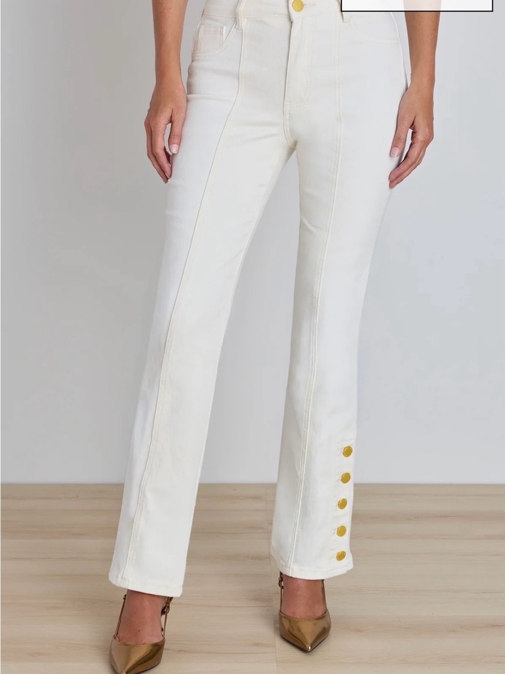 Noli Cream Veronica Button Jeans - High-Rise Wide-Leg with Gold Button Detail